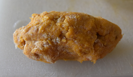 Shaping the sweet potato into a chunky sausage-shaped kofta