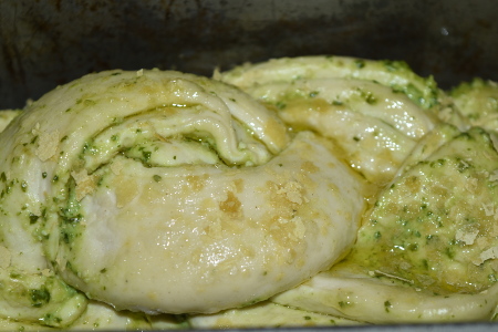 Braiding the vegan pesto bread dough