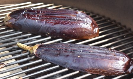 Grilling the miso aubergine on direct heat for just 60 seconds